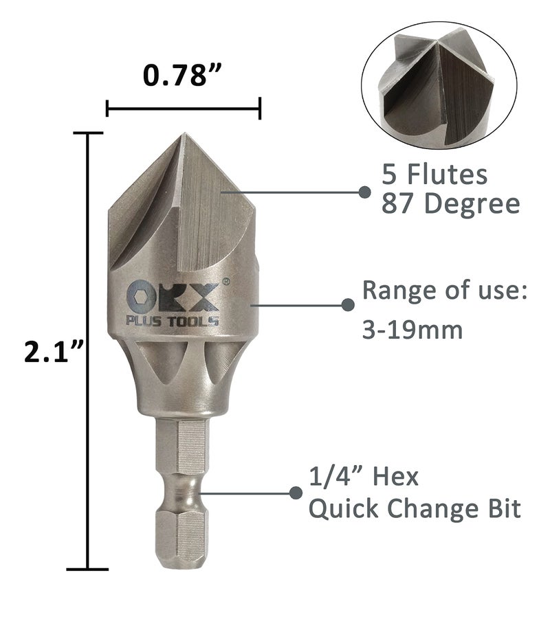 ORX PLUS TOOLS ORXPLUS Tools 5 Flute Metal Deburring Chamfer Drill Bit for Cleaning Pipe/Tube Burr, 87 Degree Quick Release Shank Fits for 1/8"-3/4"(3mm-19mm) - Image 2